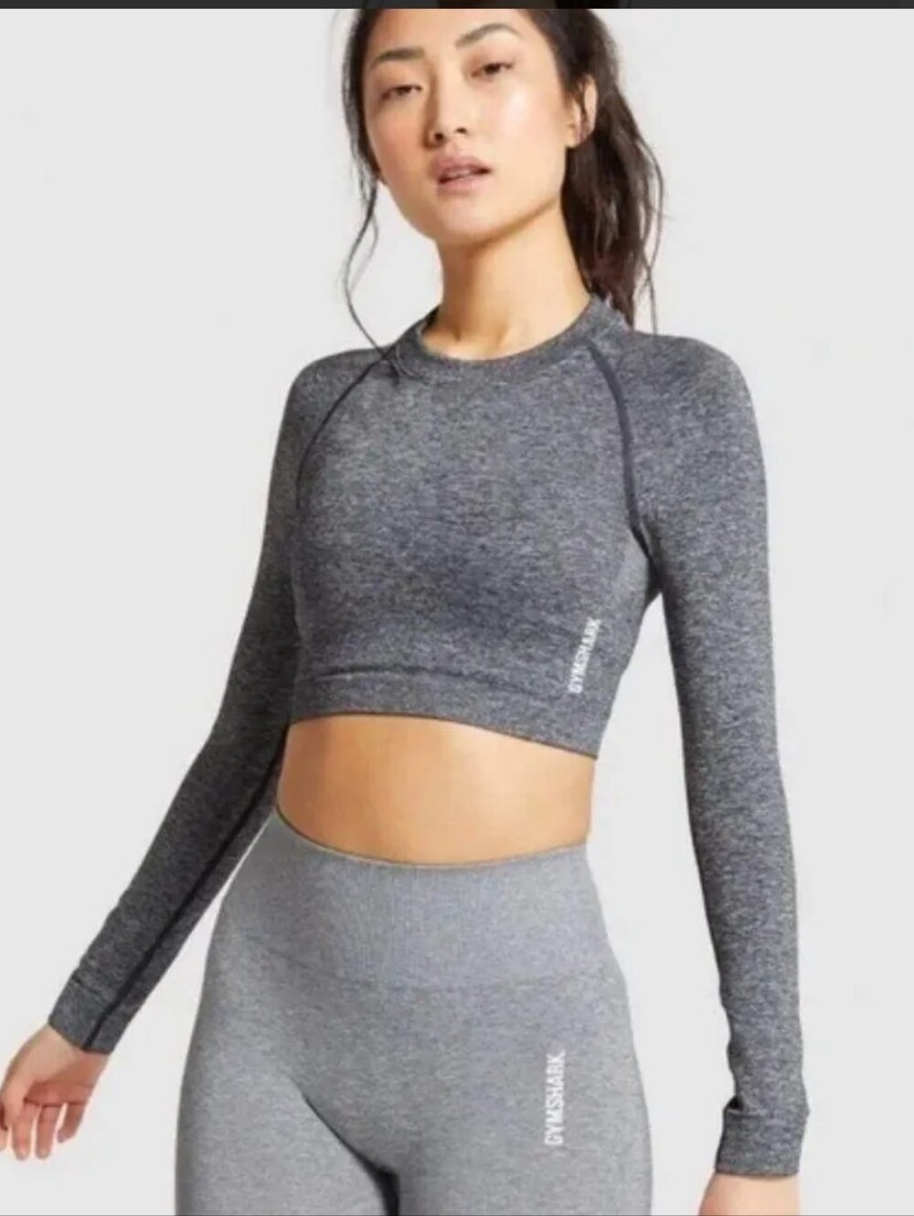 Gymshark Seamless Set Sz S-Adapt Marl Long Sleeve Crop Top/ Energy Shorts Grey